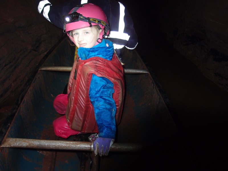 P3124042.JPG - On the canoe in the connecting tunnel between Engine Vein, Hough Level and Brynlow Mine.