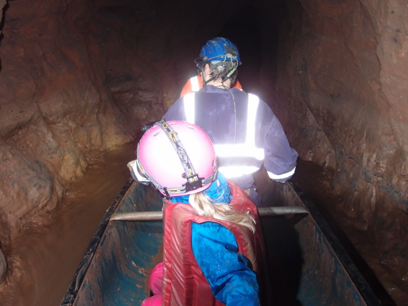 P3124051.JPG - On the canoe in the connecting tunnel between Engine Vein, Hough Level and Brynlow Mine.