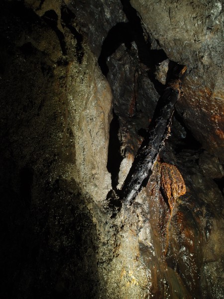 P3108399.JPG - In the stope from the higher level via the wet rise. Stemple and formation.