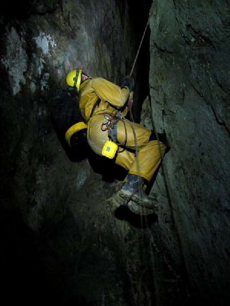 06_uptoviewingstope_pete.jpg - Pete, doing the short prusik up to the viewing area of the large stope.