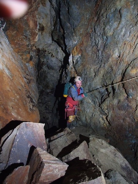 DSCF9063.jpg - The way on, to the stemples and narrow stope pitch. Photo by Paul.