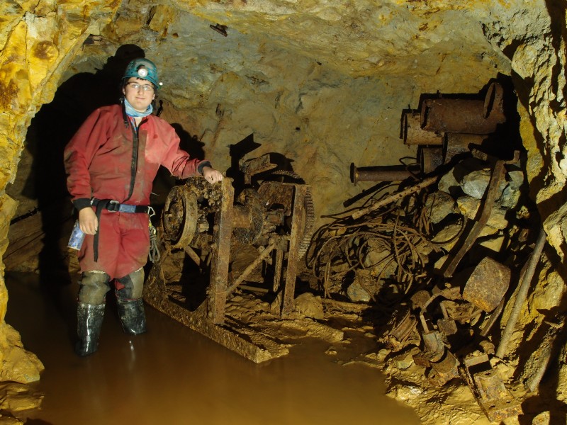 P6143314.JPG - Old winch and ventilation pipes on the 1100' Level.