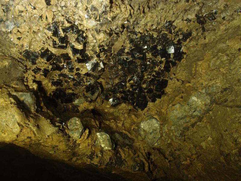 P1122337.JPG - Fluorite cubes surrounded by galena in the wall.