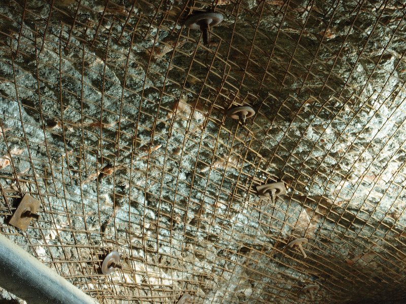 P5200667.JPG - Roof bolts and steel meshing on the roof.