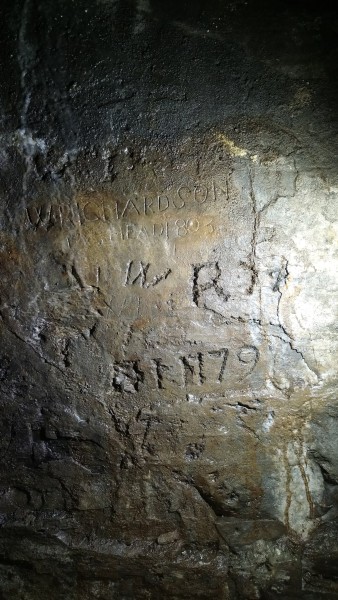 DSC_1726.jpg - Graffiti near the Longcleugh Vein junction on the main level in. Photo by Karli.
