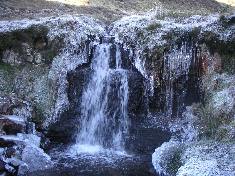 PICT0313.JPG - Iced up waterfall along one of the small burns at Middlecleugh Mine entrance.