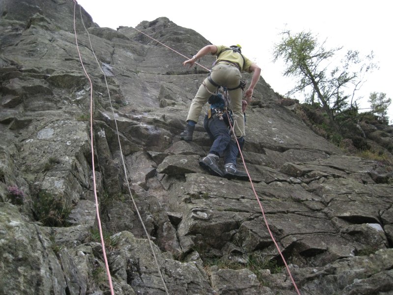 04_prussikselfrescue.jpg - The two Paul's doing a rescue with the rescuer prussiking up on the same rope as the casualty.