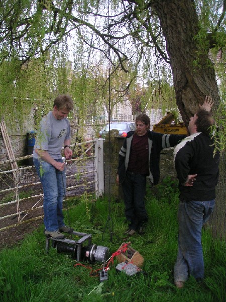 winch_230406_2.jpg - Test rope attached and view of the control box. We measured the current that the motor draws when lifing one person it is about 10A at 24V, which equates to 240W of power consumption. The speed is 1m per 6 secs, which is not too bad considering that it is only battery powered.