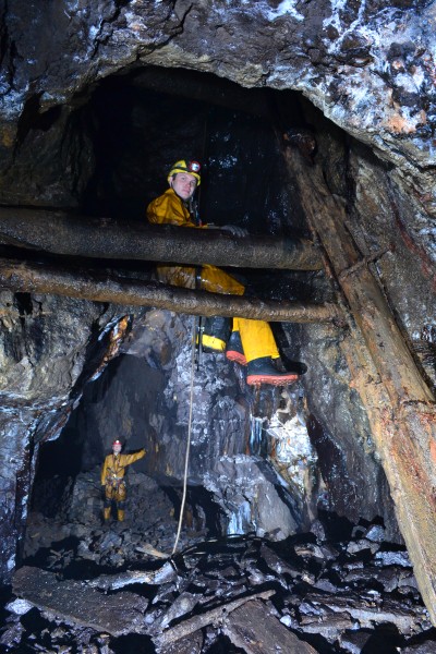 DSC_0137.JPG - Pete landing in the stope. Photo by Karli.