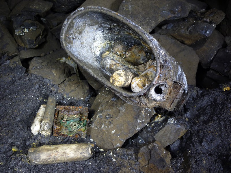 P1030660.JPG - Dynamite, detonator tin, and explosives box. Photo by Sal.