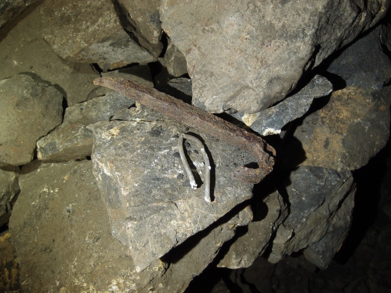 P2118101.JPG - Piece of fuse and iron peg.