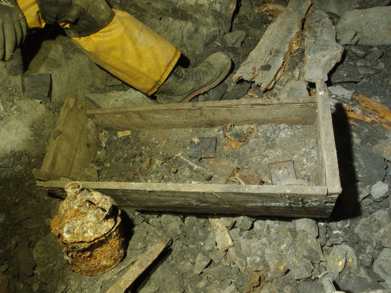 PB081482.JPG - Explosives box, can and detonator tins.