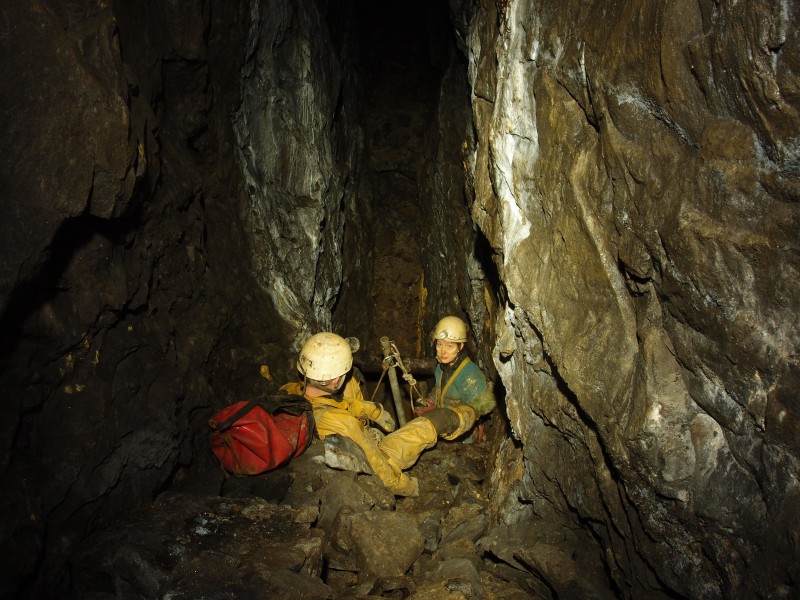 P4060005.JPG - Climbing back down tot he cross cut. Face painted Sal.