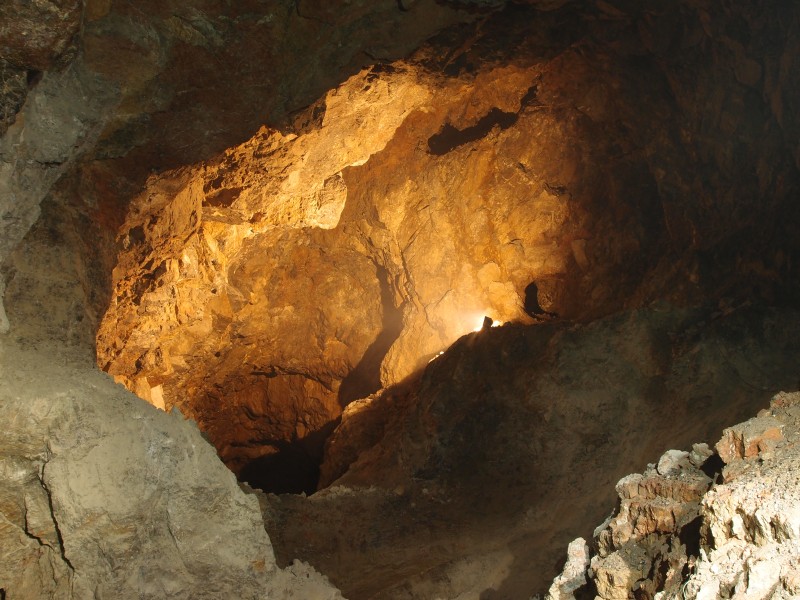 P6049398.JPG - We made our way down a spiral decline. View to the flood lit chamber from further down / around.