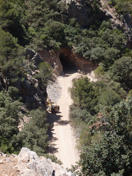 P6067828.jpg - Looking down from the roof of the sheep and bird... building. Sixth adit and a working one with a LDH loader.