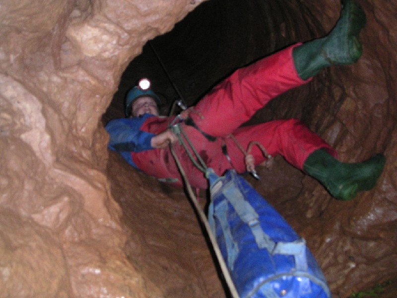 sr_comingdown.jpg - Charlie dropping out of the shaft.