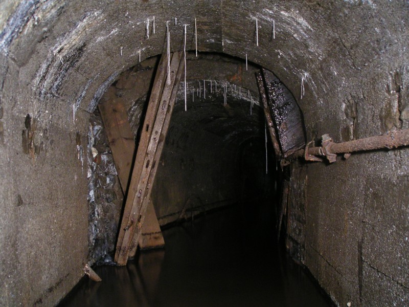 sc_sublev_passage1.jpg - View of the concrete arching and manway ladders in the sublevel.
