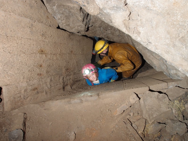P2200783.JPG - Lucy climbing (or rather being girl handled up) the hopper upto Waterblast Flat.
