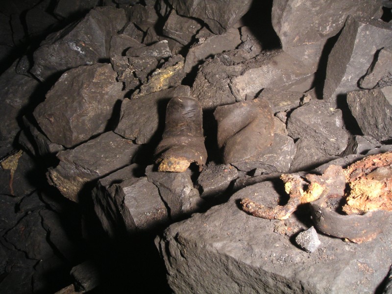 sc_newfanflats_clogremains.jpg - Just by the rise on some deads, we came across the remains of this clog. The clog body can be seen, along with the metal shoe and the reamins of the sole with wooden infill. We did not handle it as it looked to be in a fragile state.