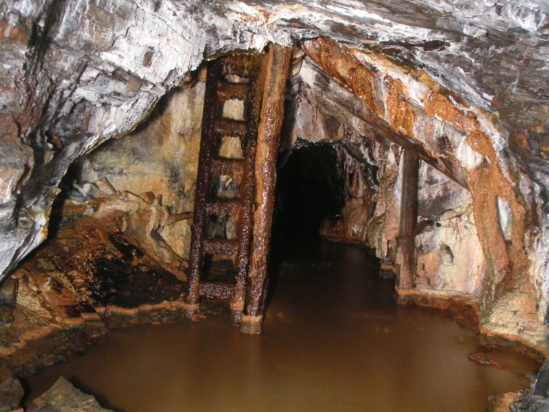 rg_hangingshaw_nw_calciteladder2.jpg - Past the formations, the ladder and hopper can be seen. This is looking back towards the shaft bottom. To the left of the picture there seems to be the start of a passage, but it had a lot of debris in it and it was not clear if it was.