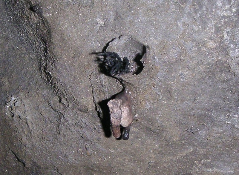 sc_xc_candle.jpg - In the middle cross cut we came across many candles, this one was interesting as it had burned right into the clay, leaving the wick intact with a dripping of wax.