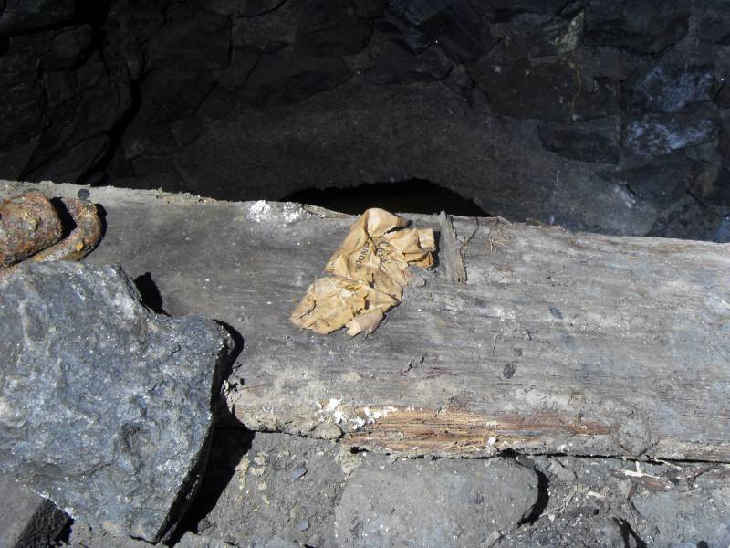 31_smallstope_gel_wrapper.jpg - In the small stopes above the Middlecleugh Second Sun Vein near the forehead - dynamite wrapper.