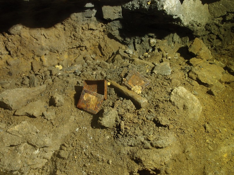 PC028639.JPG - Det tin and wooden explosives pricker in the stopes above the level on Middlecleugh Vein, past the fall.