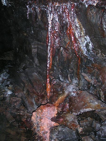 brownleyh_scaleburn_stal1.jpg - An iron stained stalactite in the left passage.