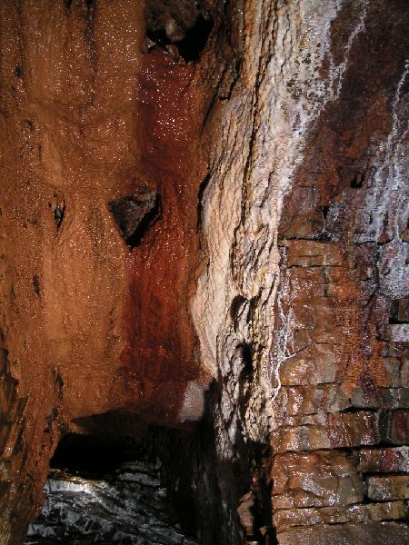 rg_hsl_ironstaining.jpg - An iron stained calcite flow coming out of a rise.